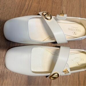 Valentino Women's Cream Leather Flats with Gold Buckles